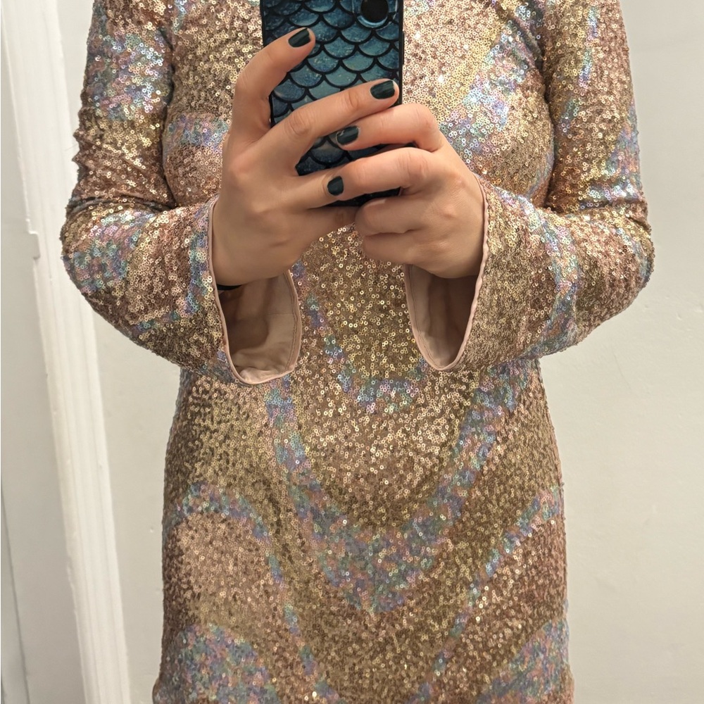 Gold Sequin Bodycon Dress with Bell Sleeves